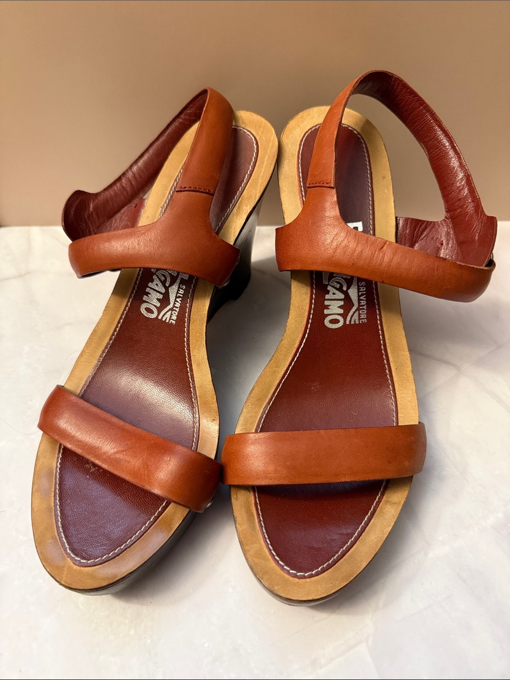 Salvatore Ferragamo Cognac Leather Slingback Sandals
